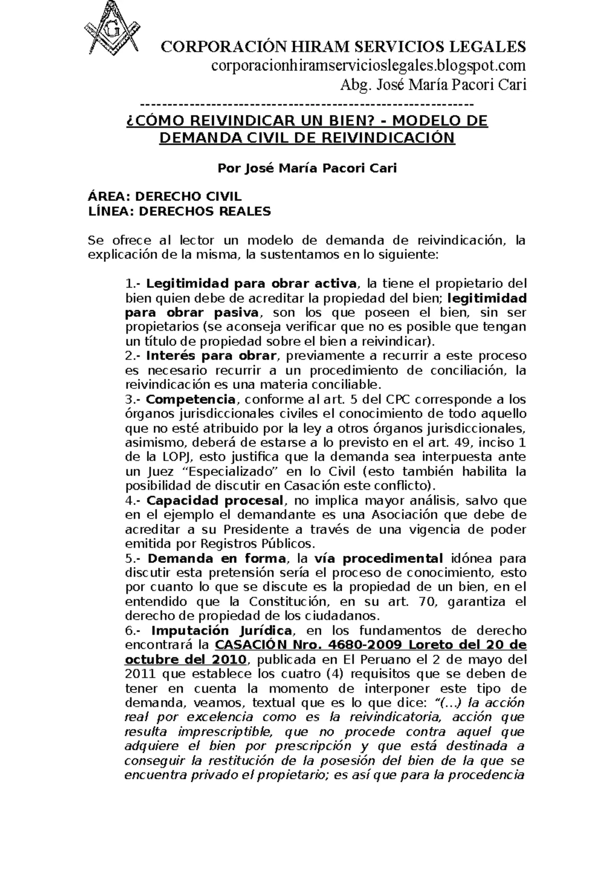 escrito de reivindicación de inmueble - Cuándo procede la demanda de reivindicación