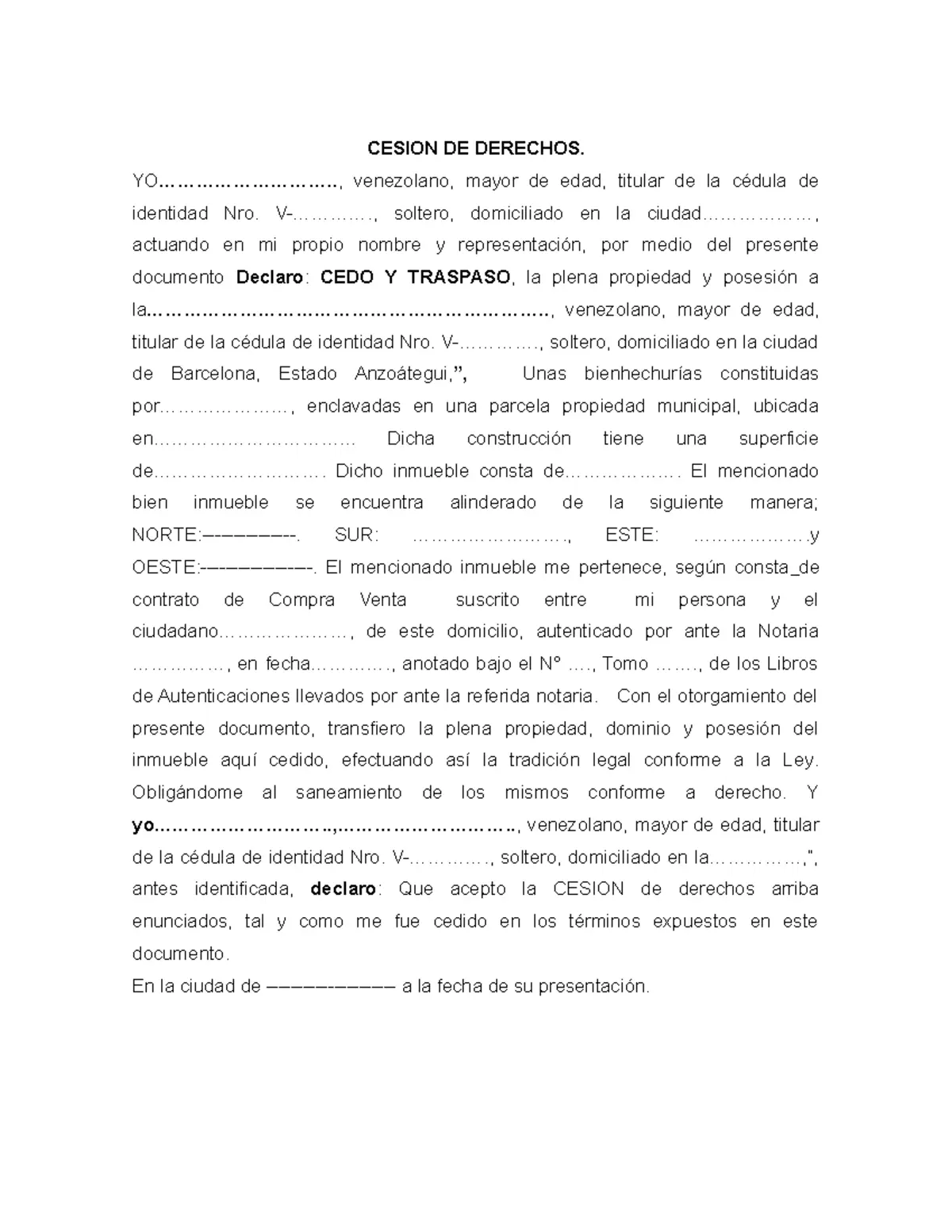 Cesión de Derechos sobre un Inmueble en Venezuela: Guía Completa - Qué es una cesión de derechos de un inmueble en Venezuela modelo de cesion de derechos sobre un inmueble en venezuela - Qué es una cesión de derechos de un inmueble en Venezuela