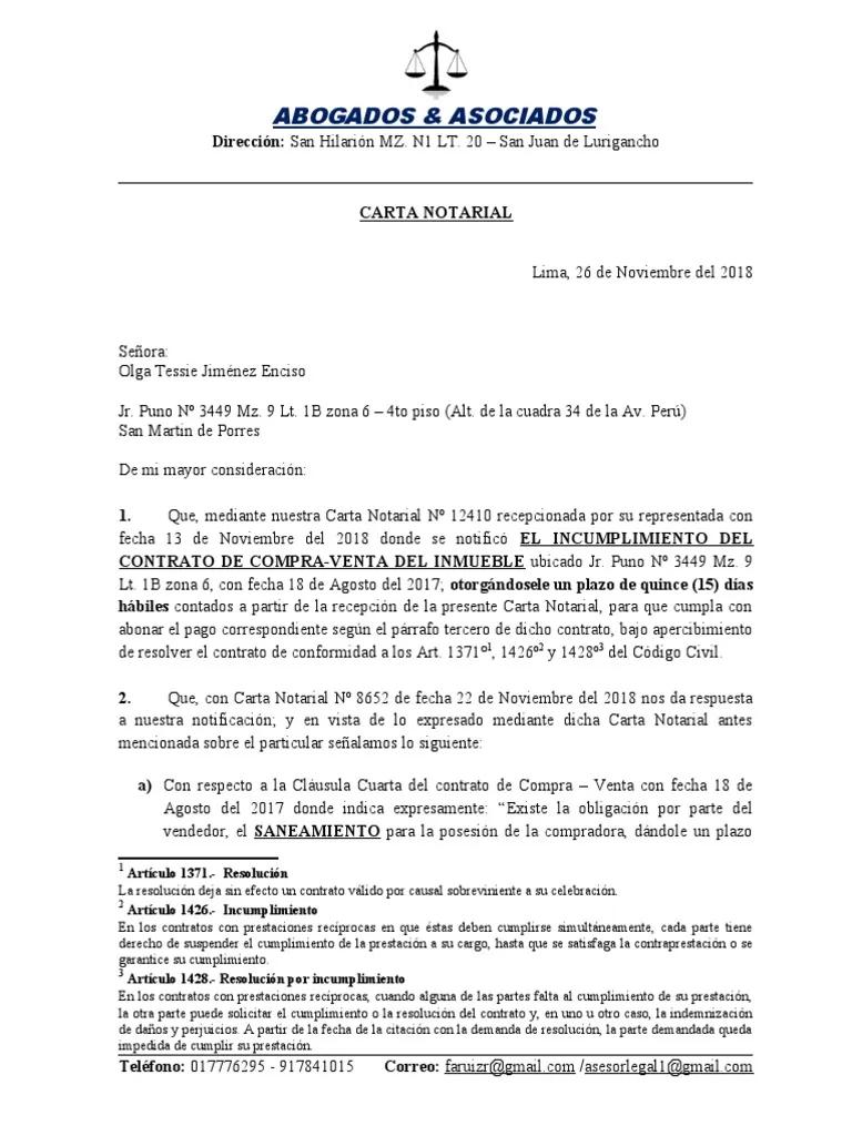 carta documento por incumplimiento de contrato de compraventa de inmueble - Qué hacer si no se cumple un contrato de compraventa